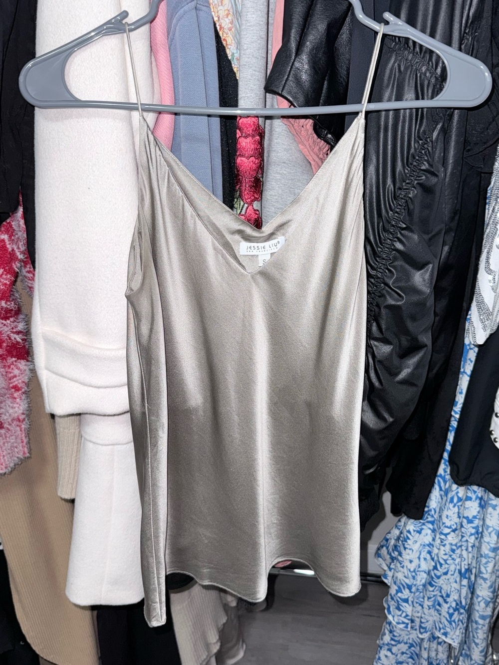 Jessie Liu Satin V-Neck Cami Top in Champagne